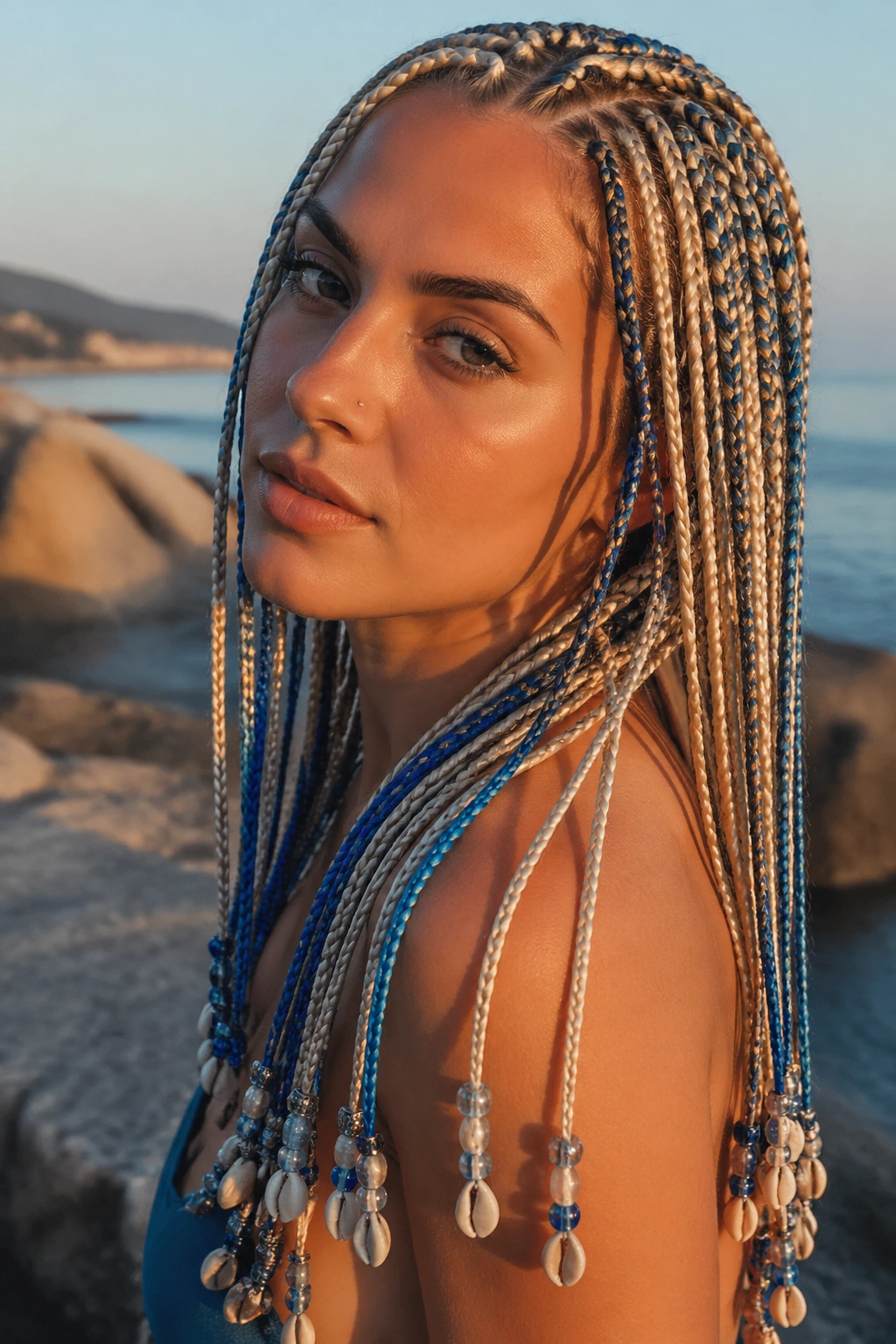Close-up of blonde and blue box braids with beads and shells on a real person.