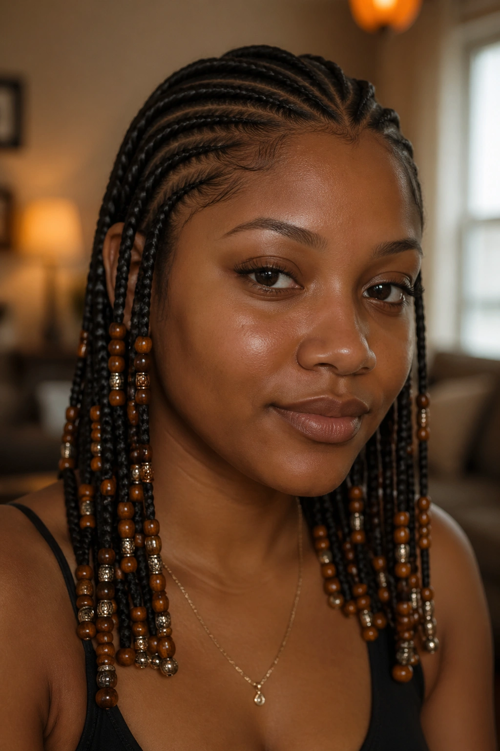 Close-up portrait with beads featuring occasional silver accents on braided hair