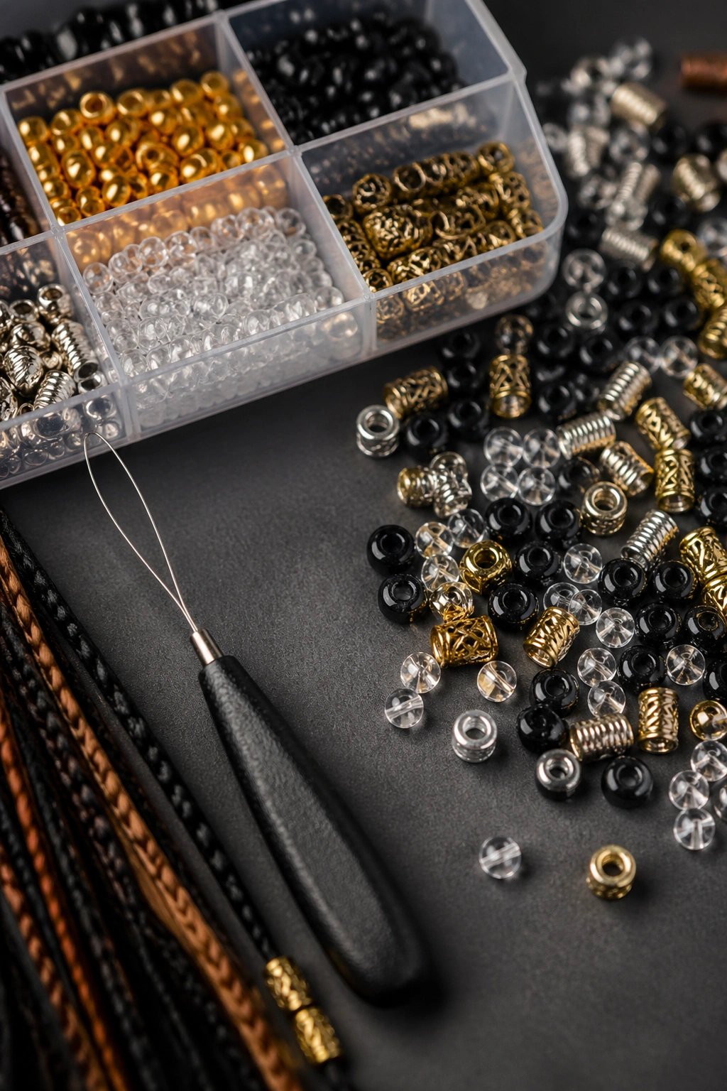 Macro of beads and bead threader used for Fulani accents.