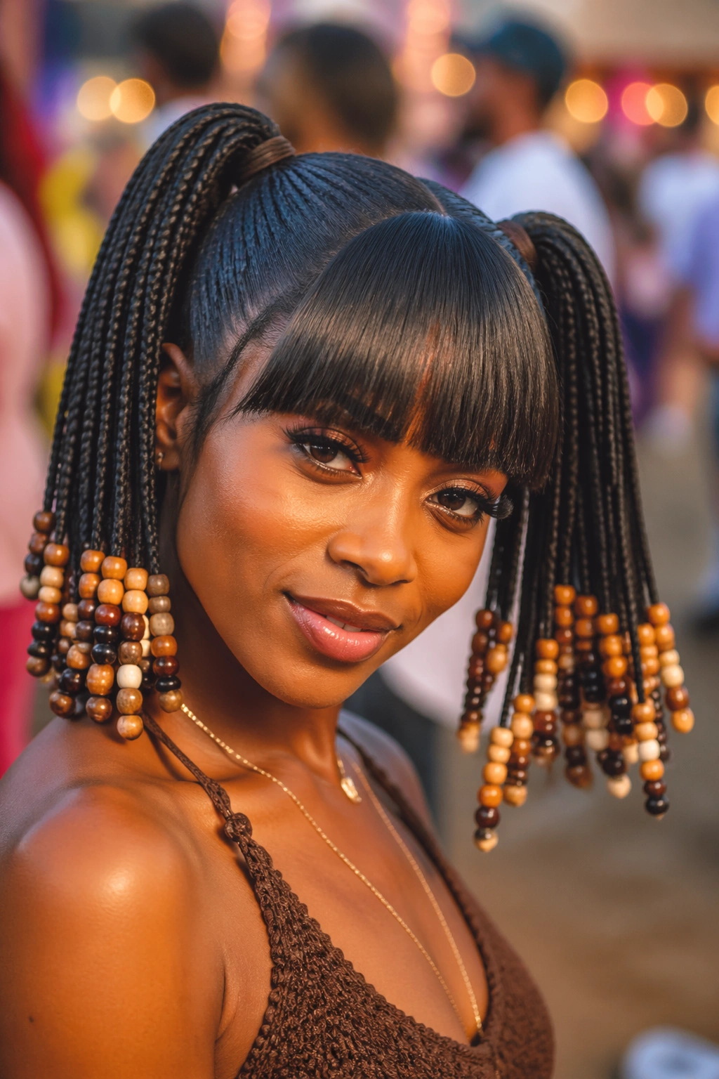 Close-up of a woman with bead-end twin ponytails and a full fringe at a festival