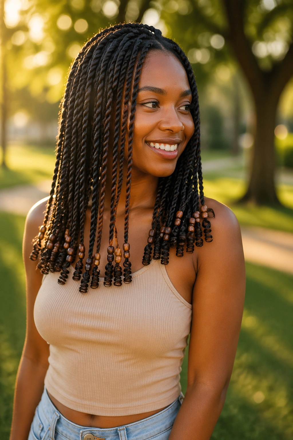 Hero shot of twist braids with beads and curly ends in a sunlit park.