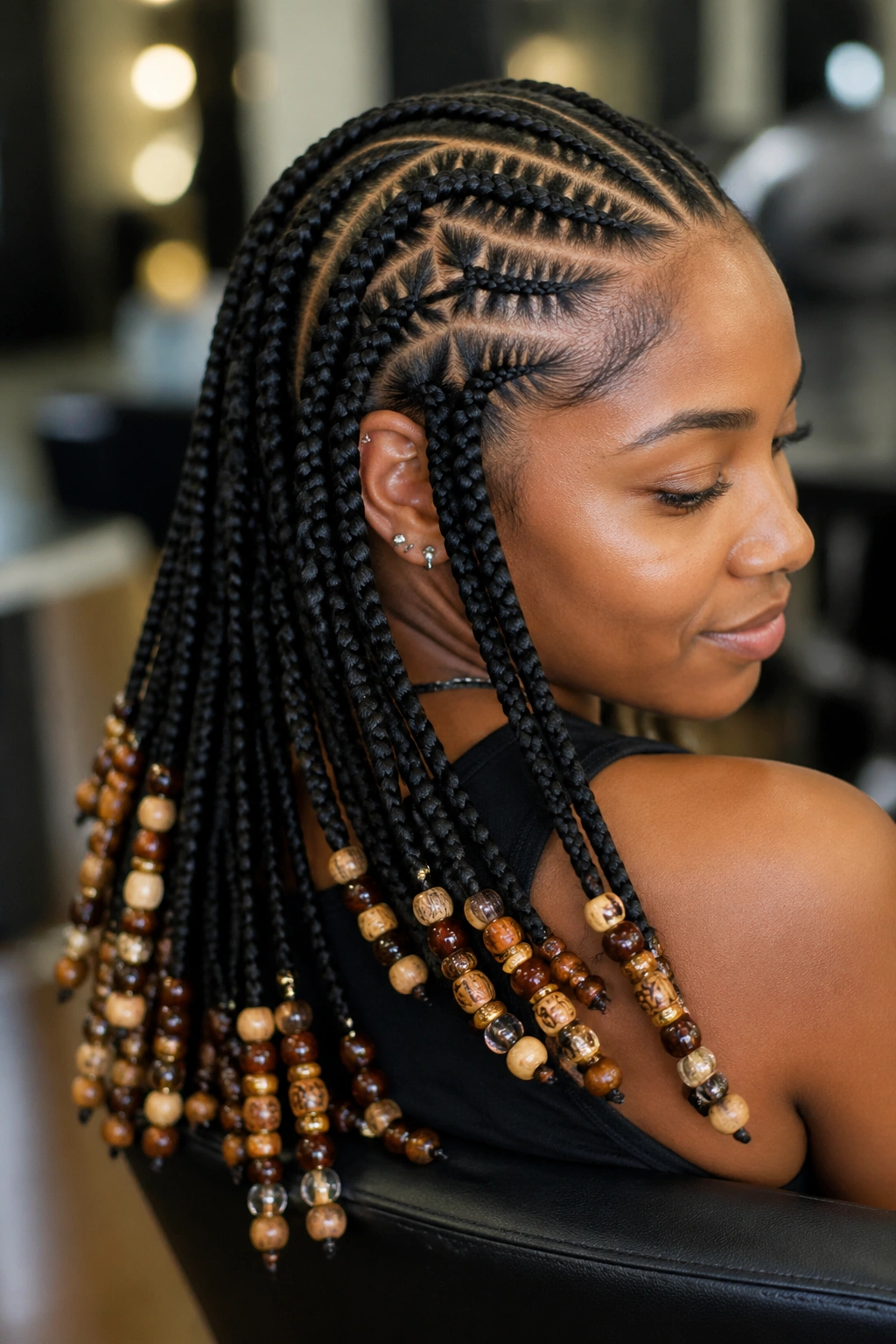 Close-up of bead clusters at ends of stitch cornrows showing weight and movement