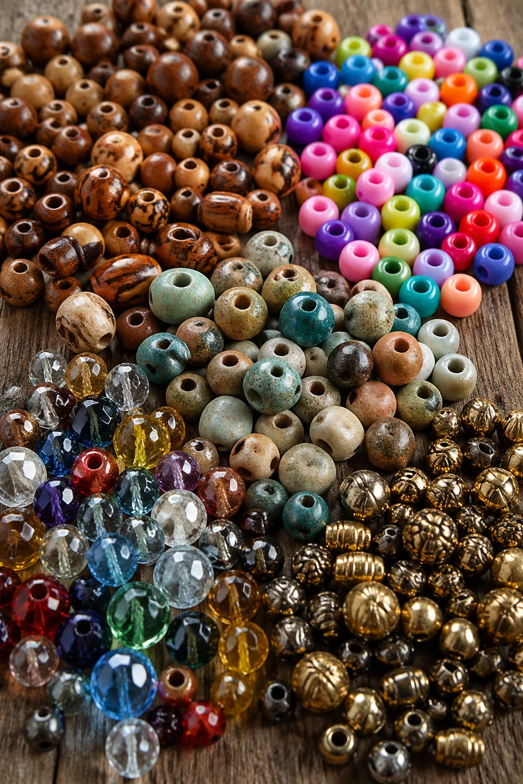 Assorted beads of wood, acrylic, clay, glass, and metal on a wooden surface