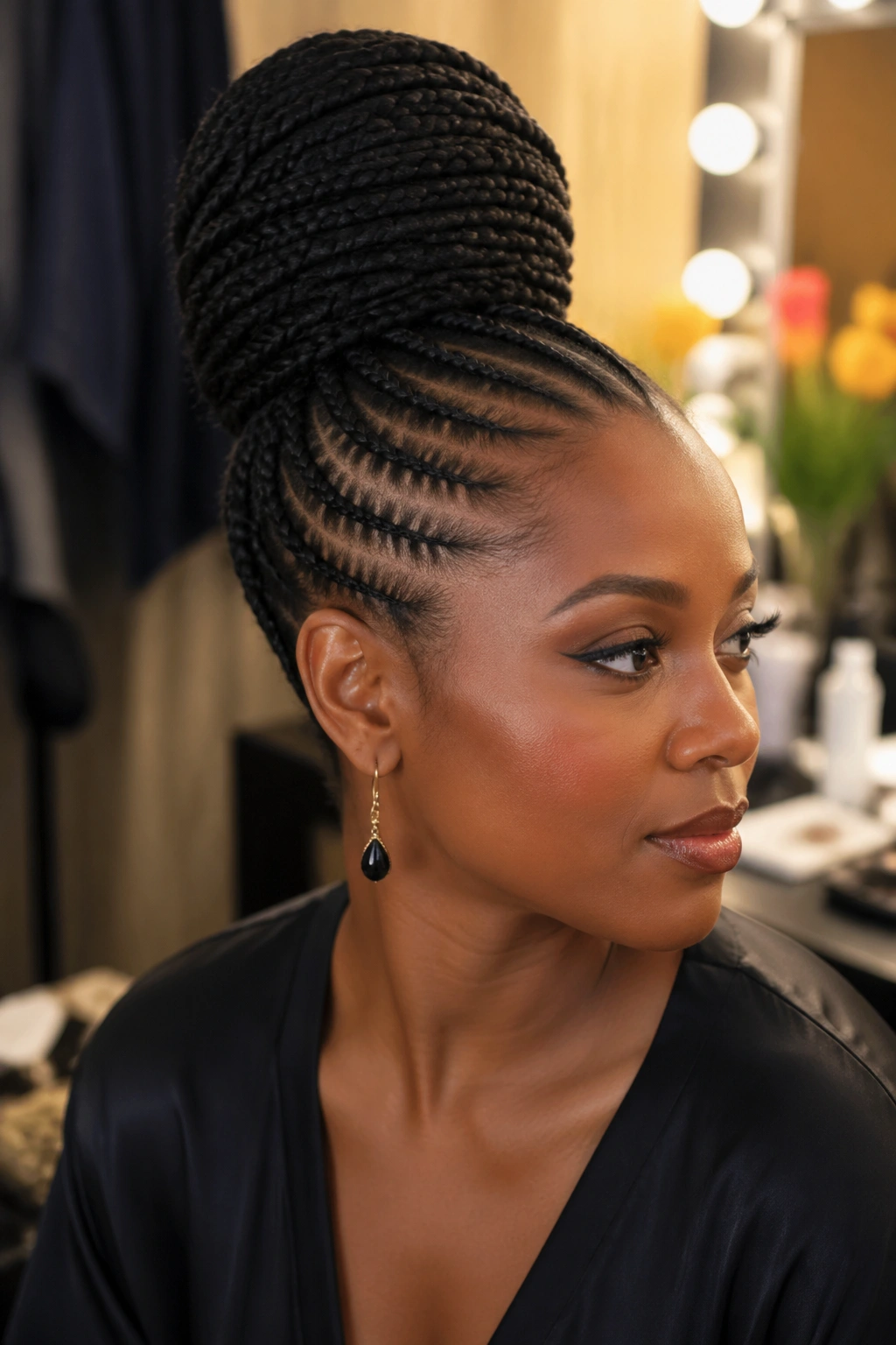 Close-up of a real woman with a beehive cornrow updo and high bun