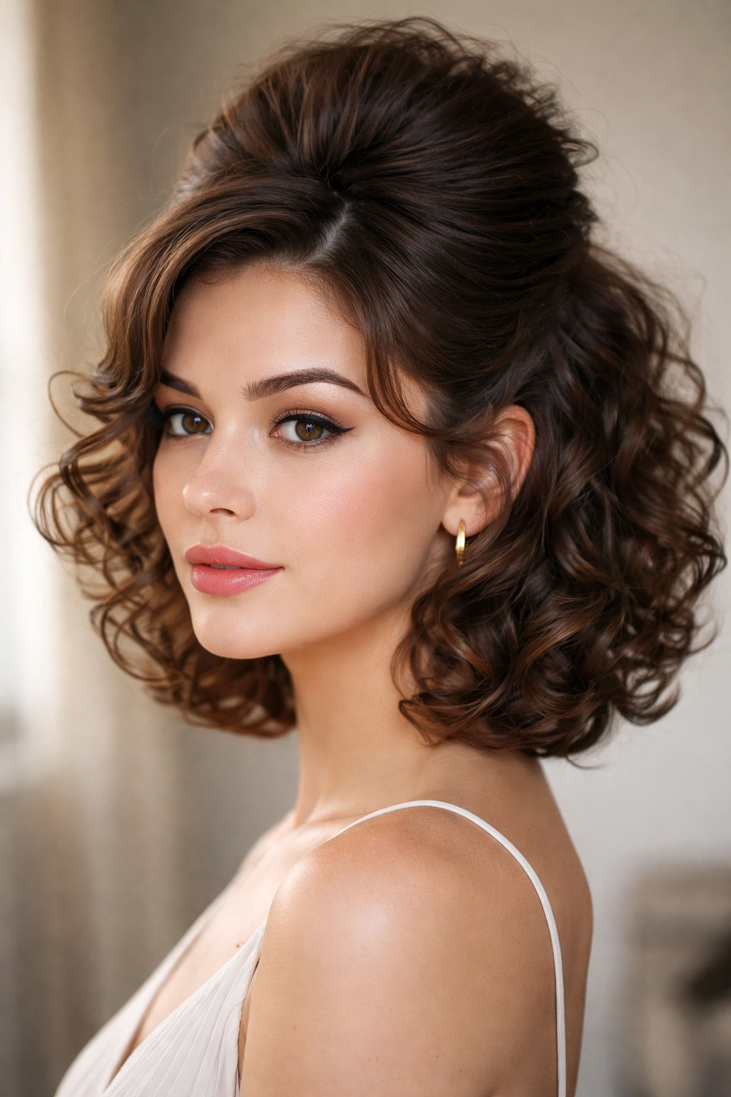 Mini beehive hairstyle at crown with curled sides