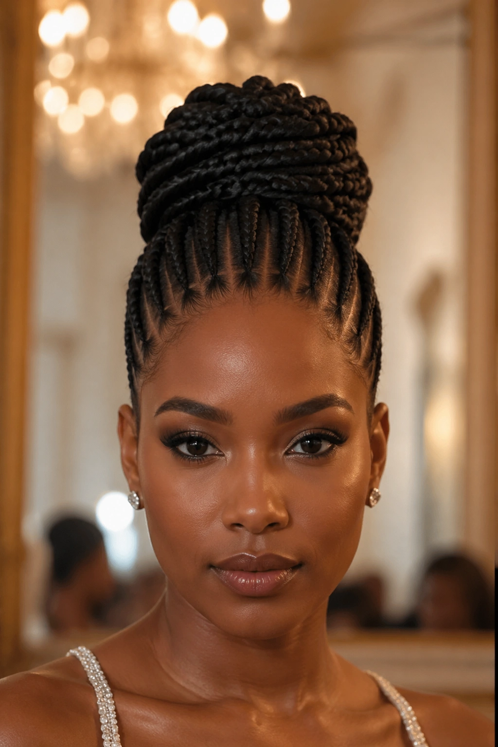 Close-up of a real woman with a beehive updo created from twenty cornrows.