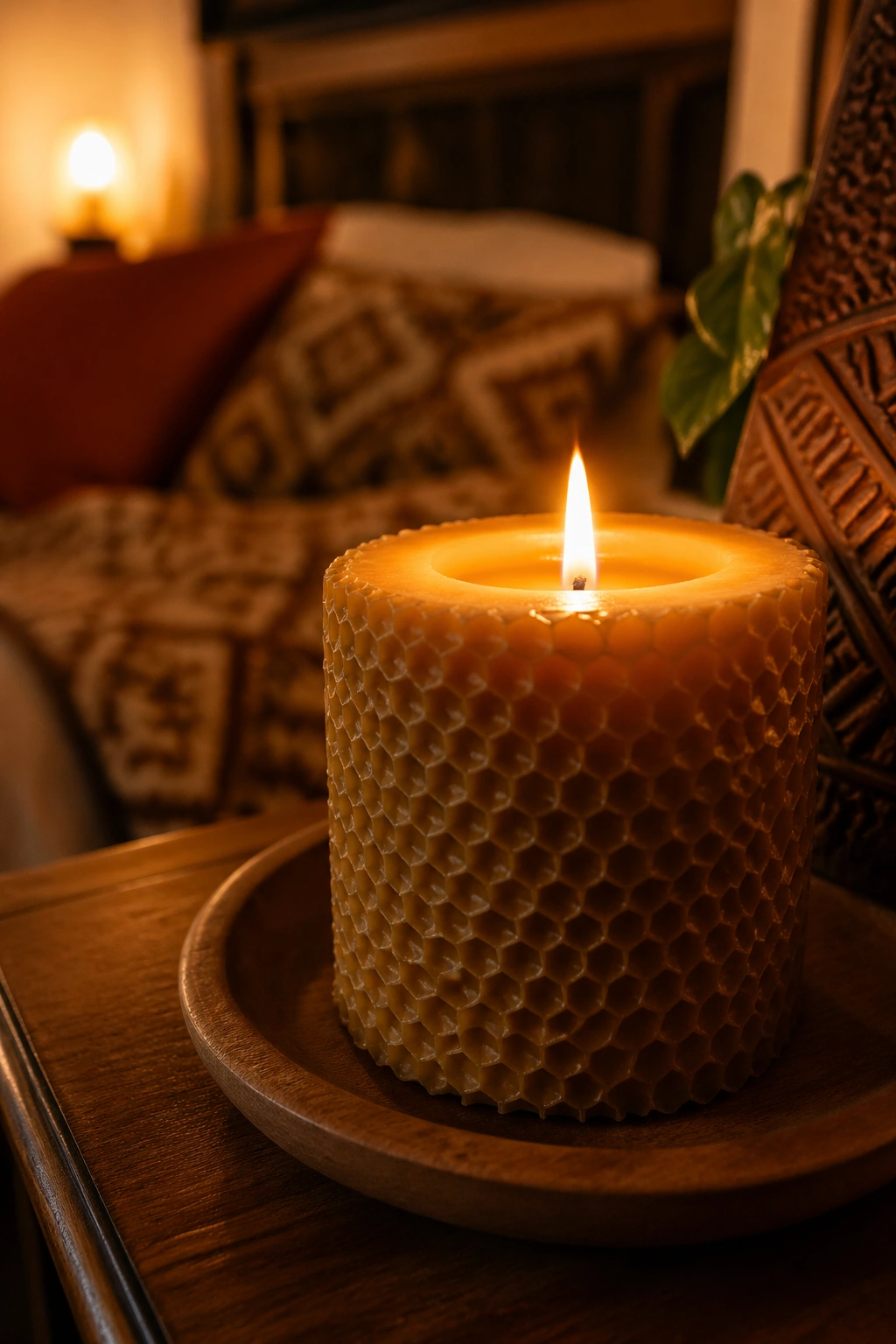 Beeswax candle on a wooden bedside table in a cozy bedroom