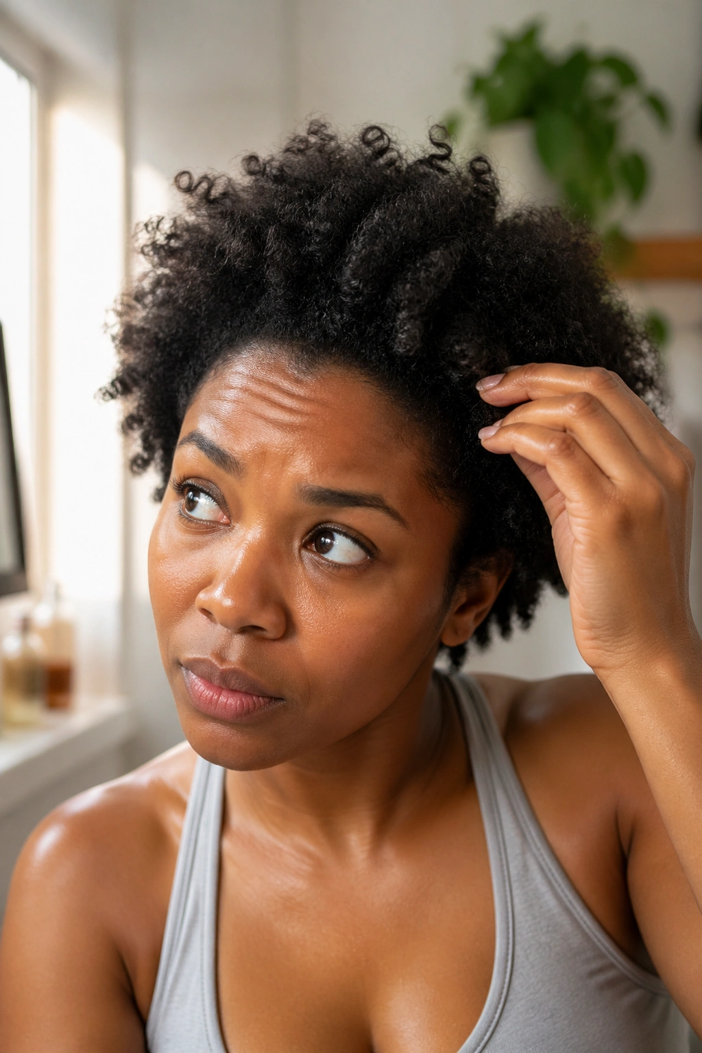 Close-up portrait of a real person with natural hair showing early transition and shrinkage