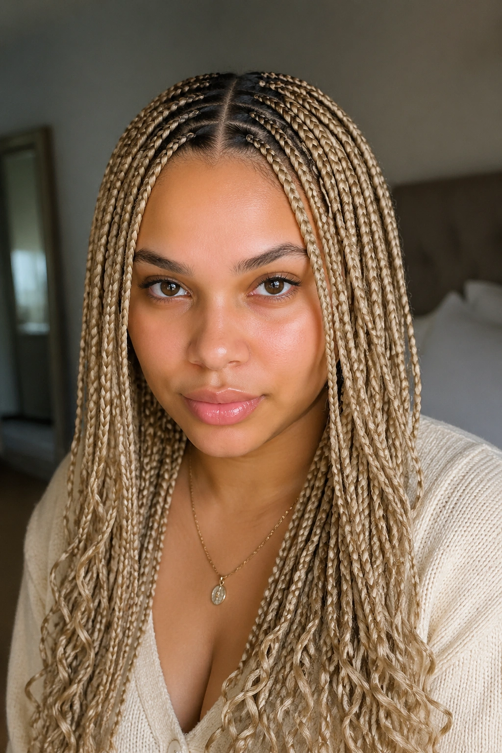 Close-up portrait of a real woman with beige blonde braids and a clean middle part in natural light