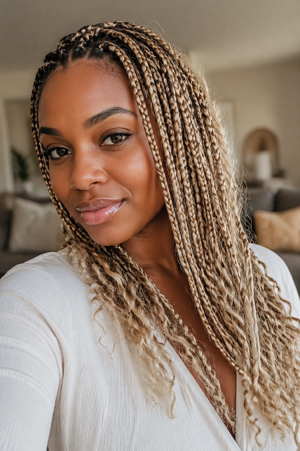 Close-up of a Black woman with beige blonde braids and curly ends