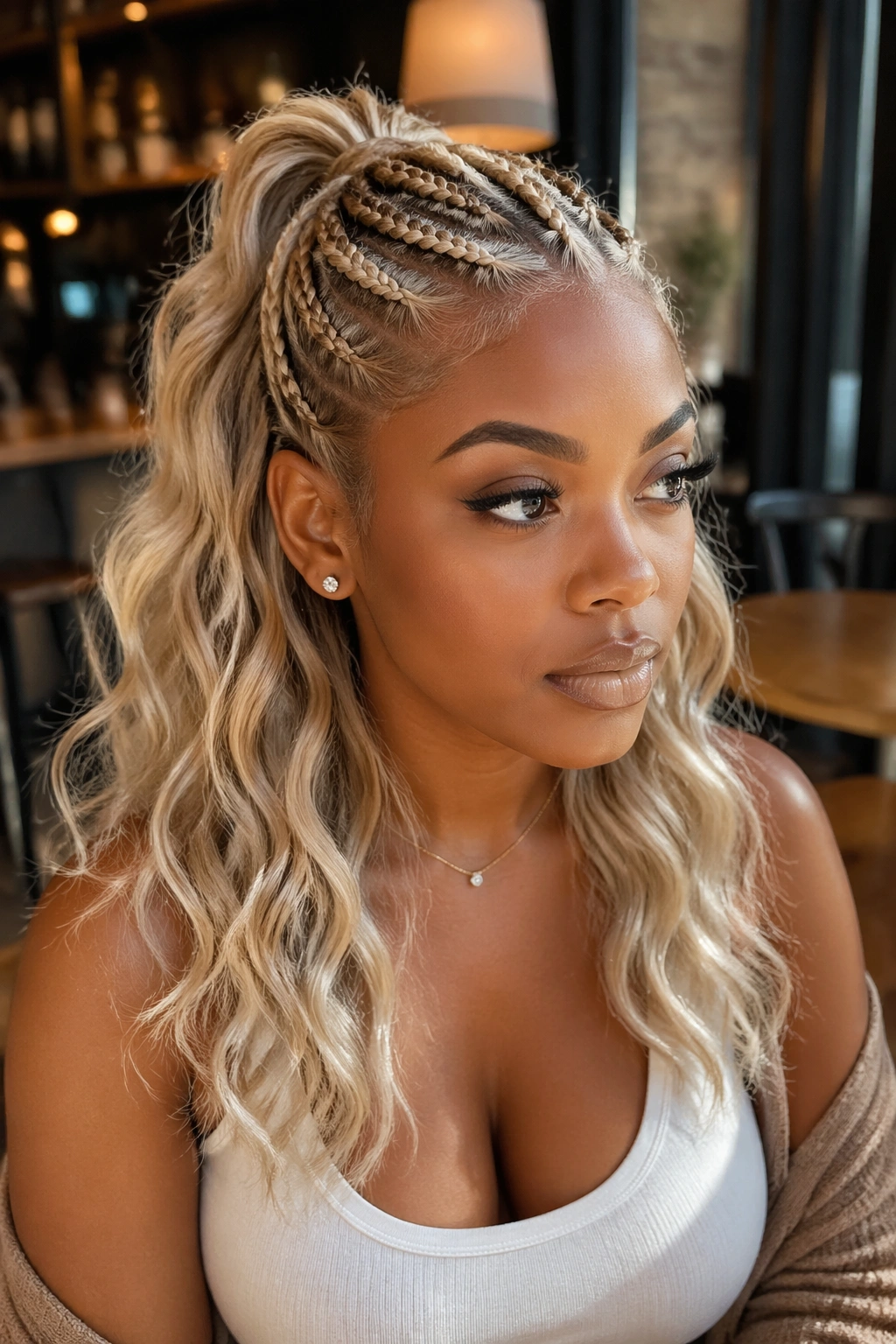Close-up of a real woman with beige blonde half-up cornrows and loose waves