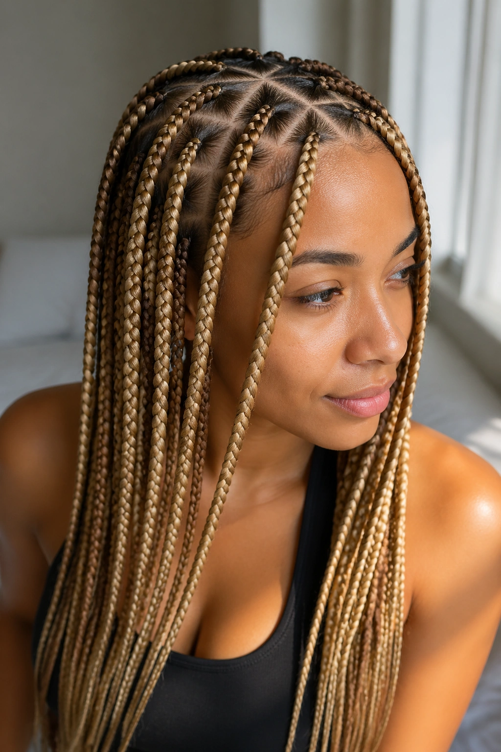 Real woman with beige blonde triangle-part box braids