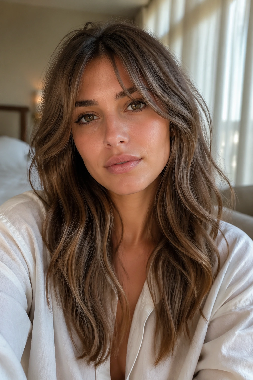 Close-up of beige brunette waves with minimal fringe in natural light