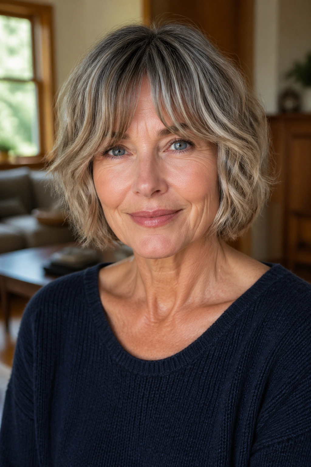 Close-up portrait of a real woman with a below-chin cut and bottleneck bangs in a sunlit living room