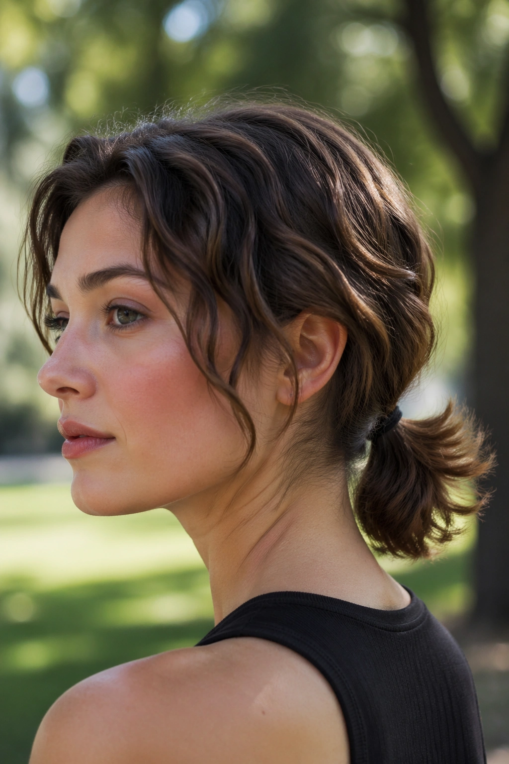 Real woman with bent-ends ponytail on short waves