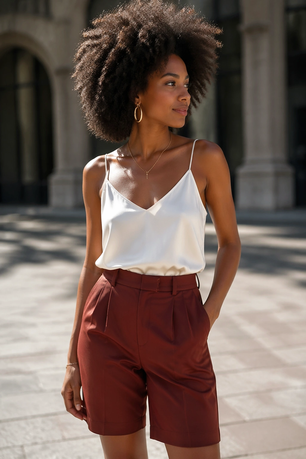 Portrait of a woman wearing Bermuda shorts and silk camisole outdoors