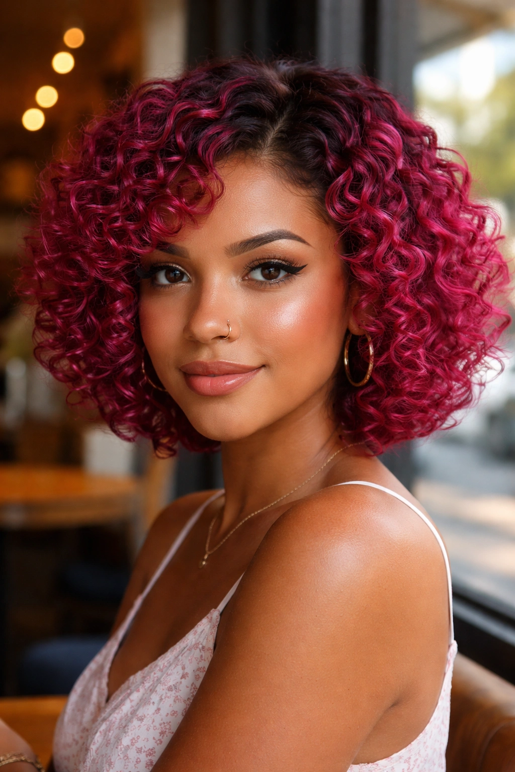 Close-up of a real woman with berry pink curly bob in daylight by a cafe window.