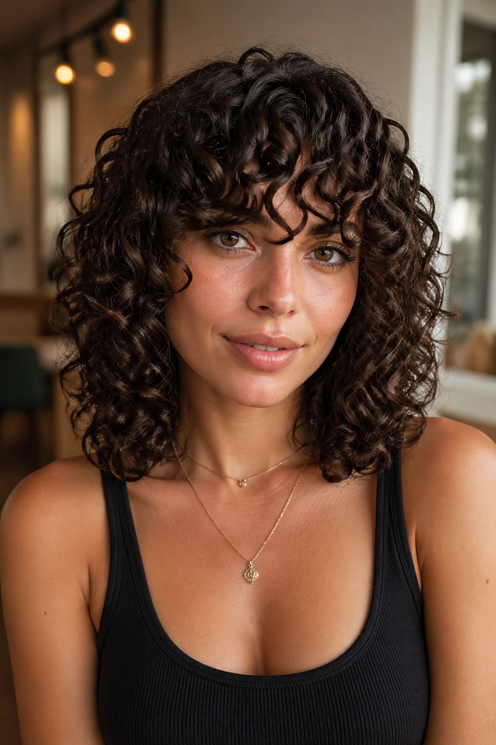 Real person with a bespoke curly cut and custom bang in a stylish studio