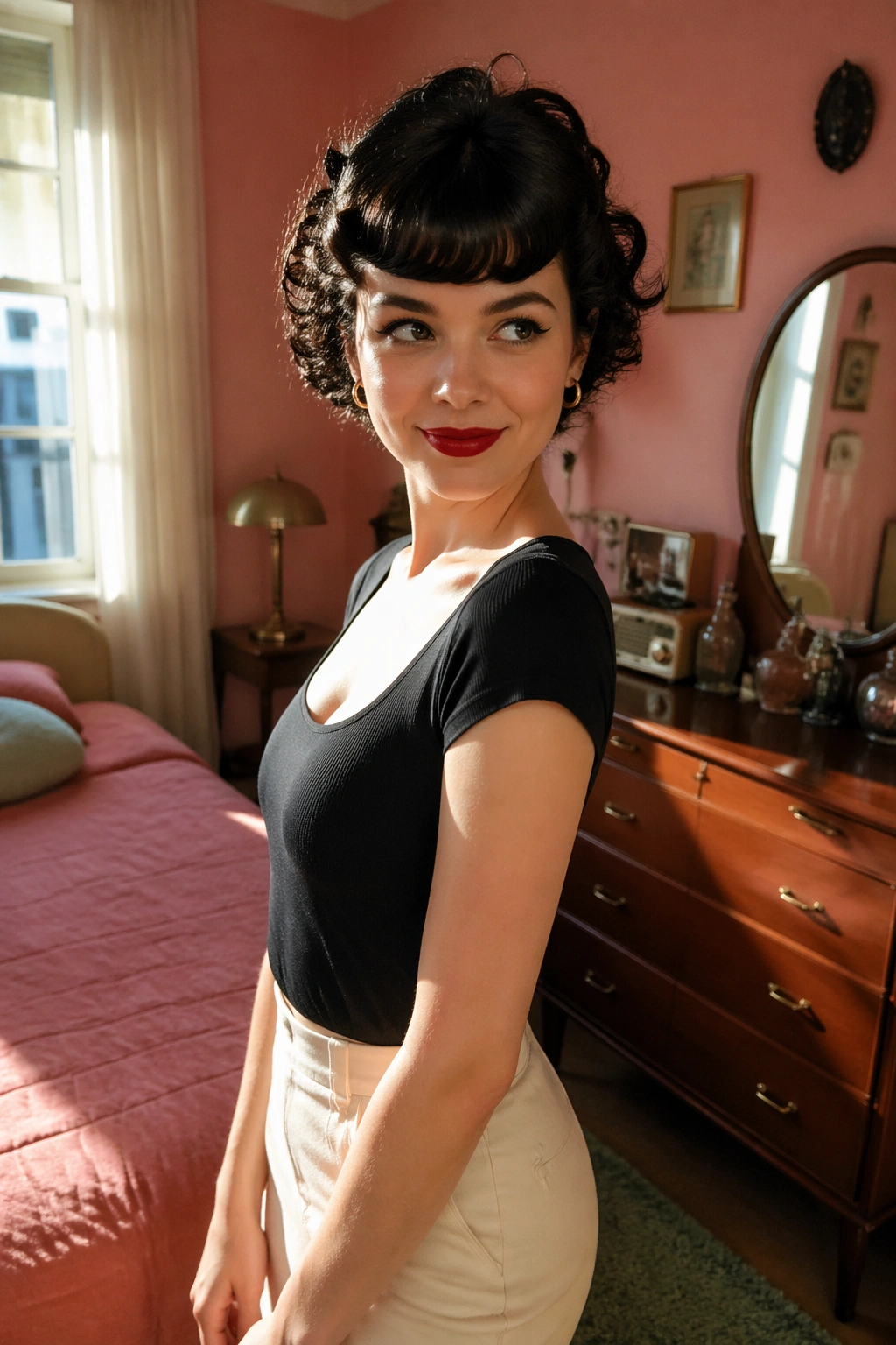 Vintage-inspired bedroom portrait showing glossy Betty Boop bangs on short curls.