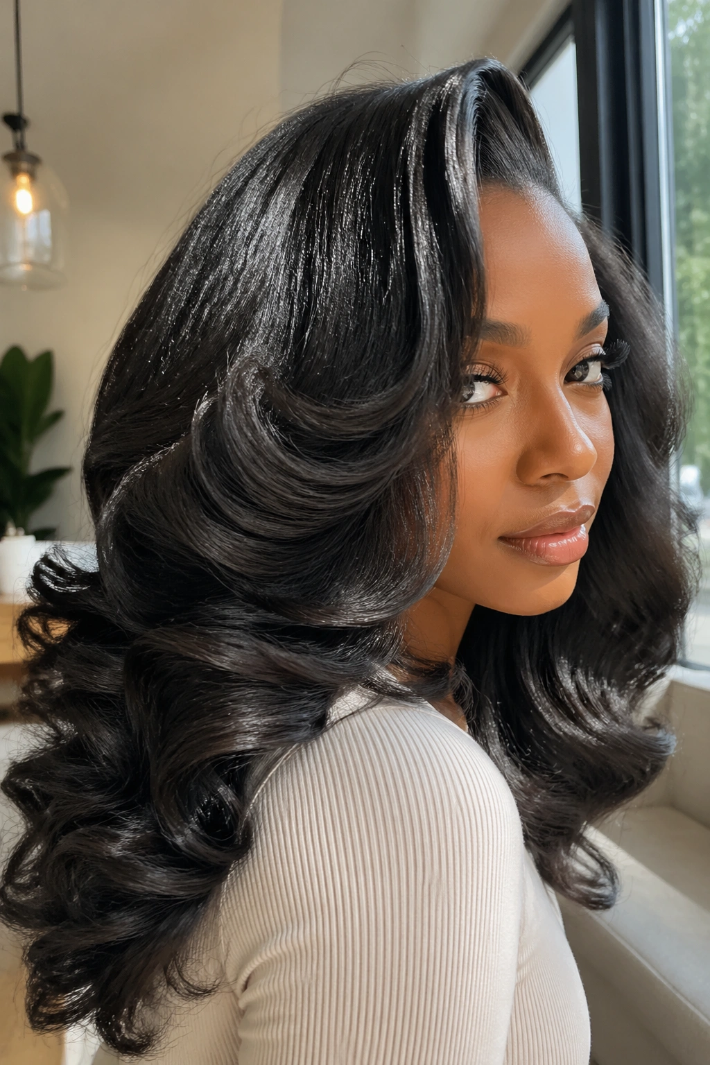 Close-up of a real woman with big bouncy blowout curls and a side part
