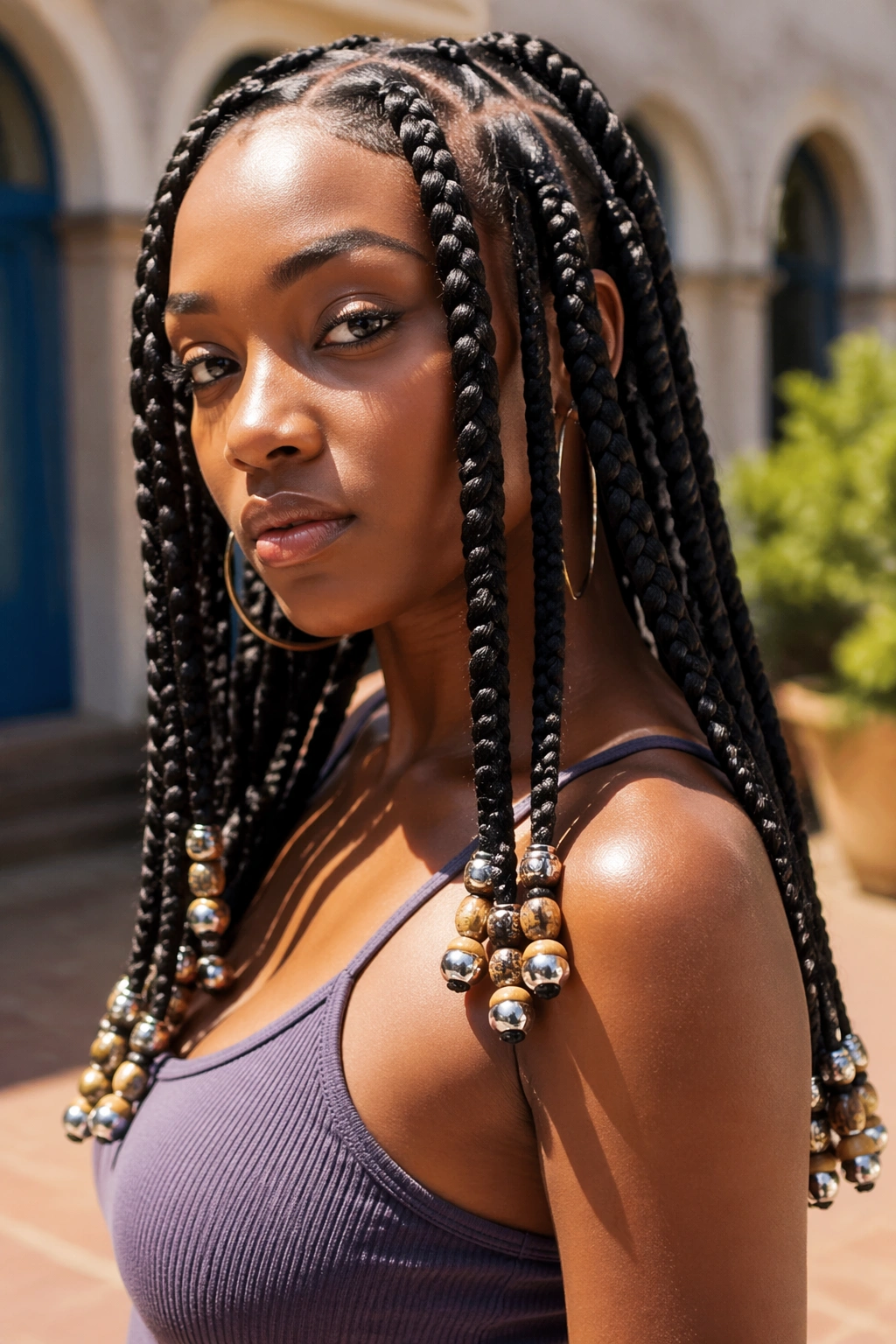 Portrait of a woman with large thick individual braids and bead ends.