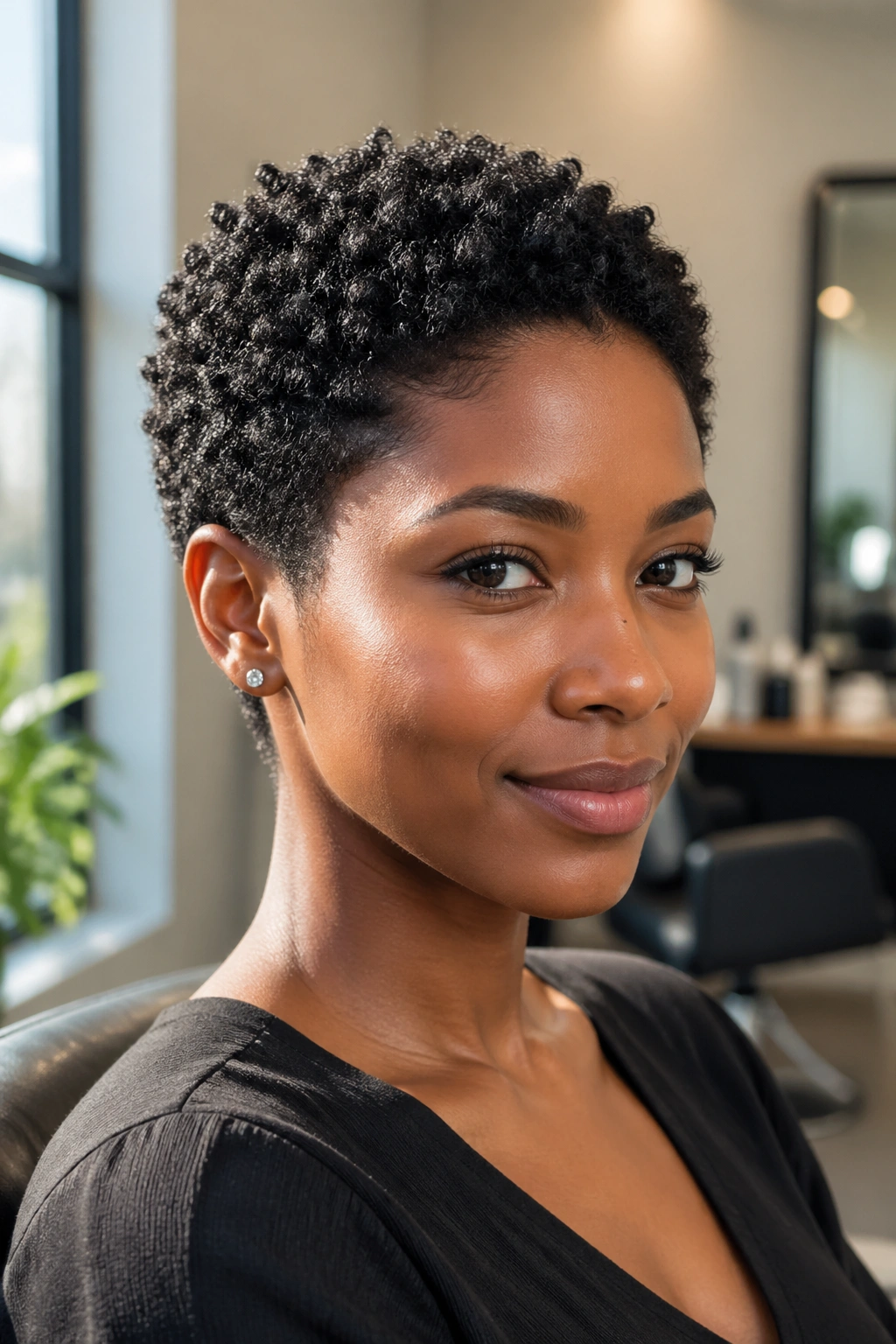 Close-up portrait of a woman with a short curly haircut showing the curl pattern