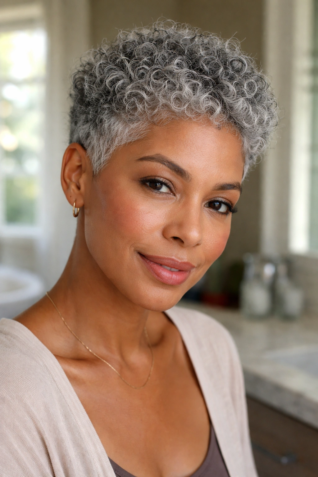 Close-up portrait of a woman with short grey curls after a big chop