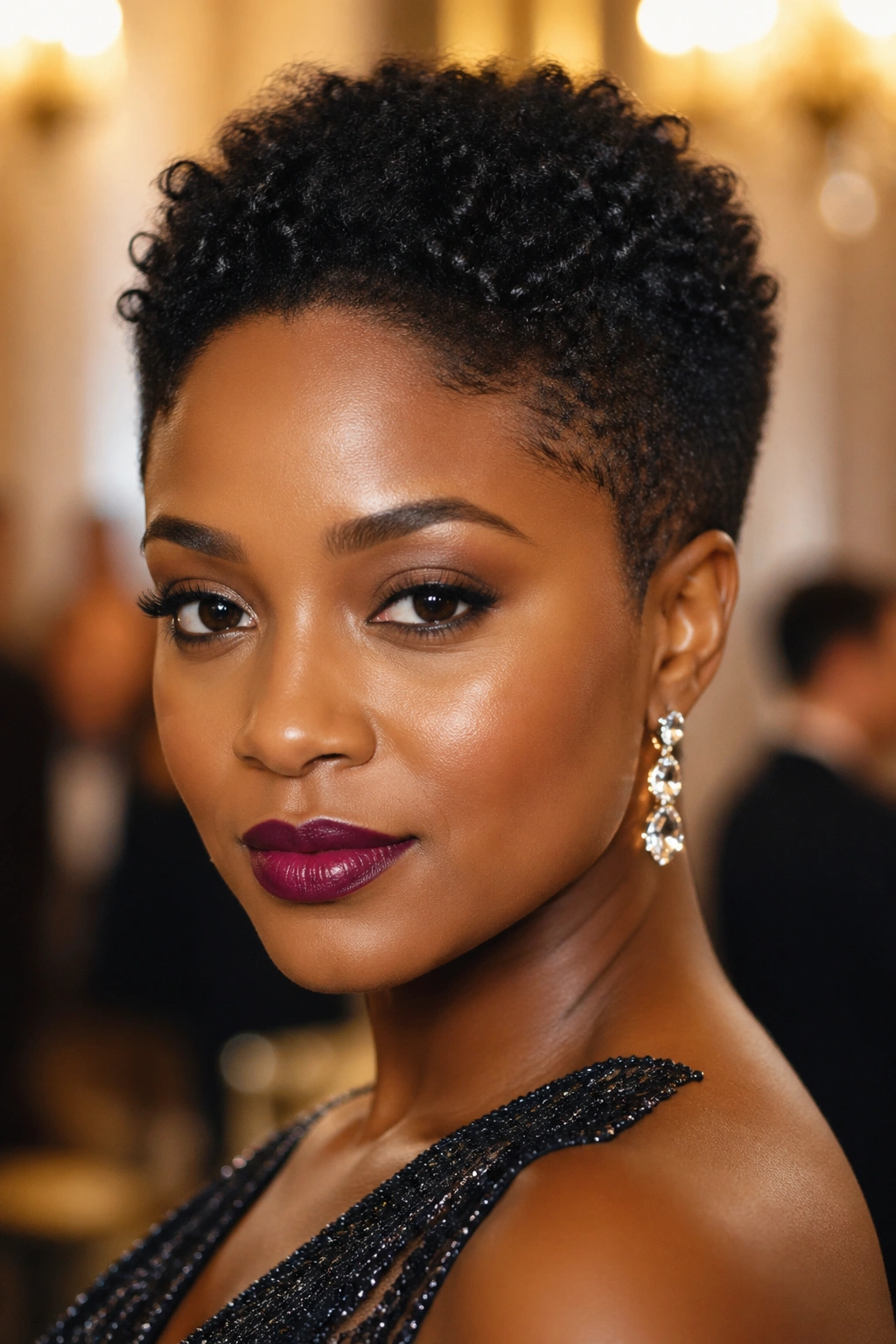 Close-up portrait of a woman with a big chop and defined curls in a formal setting
