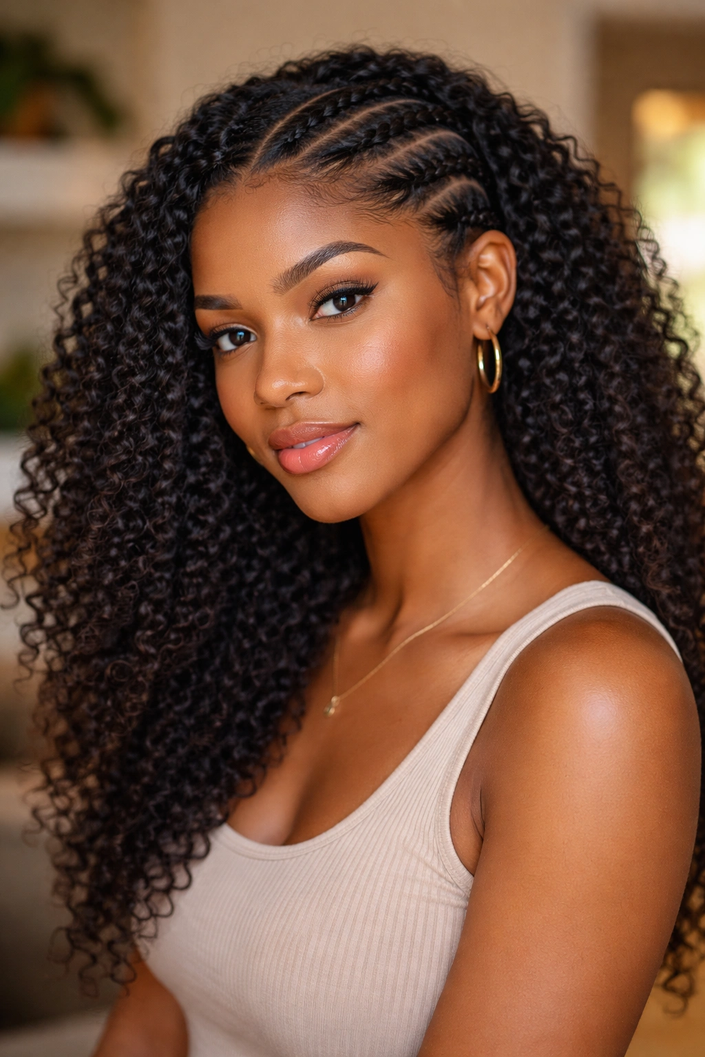 Close-up portrait of a real person with two big cornrows and loose natural hair, warm window light