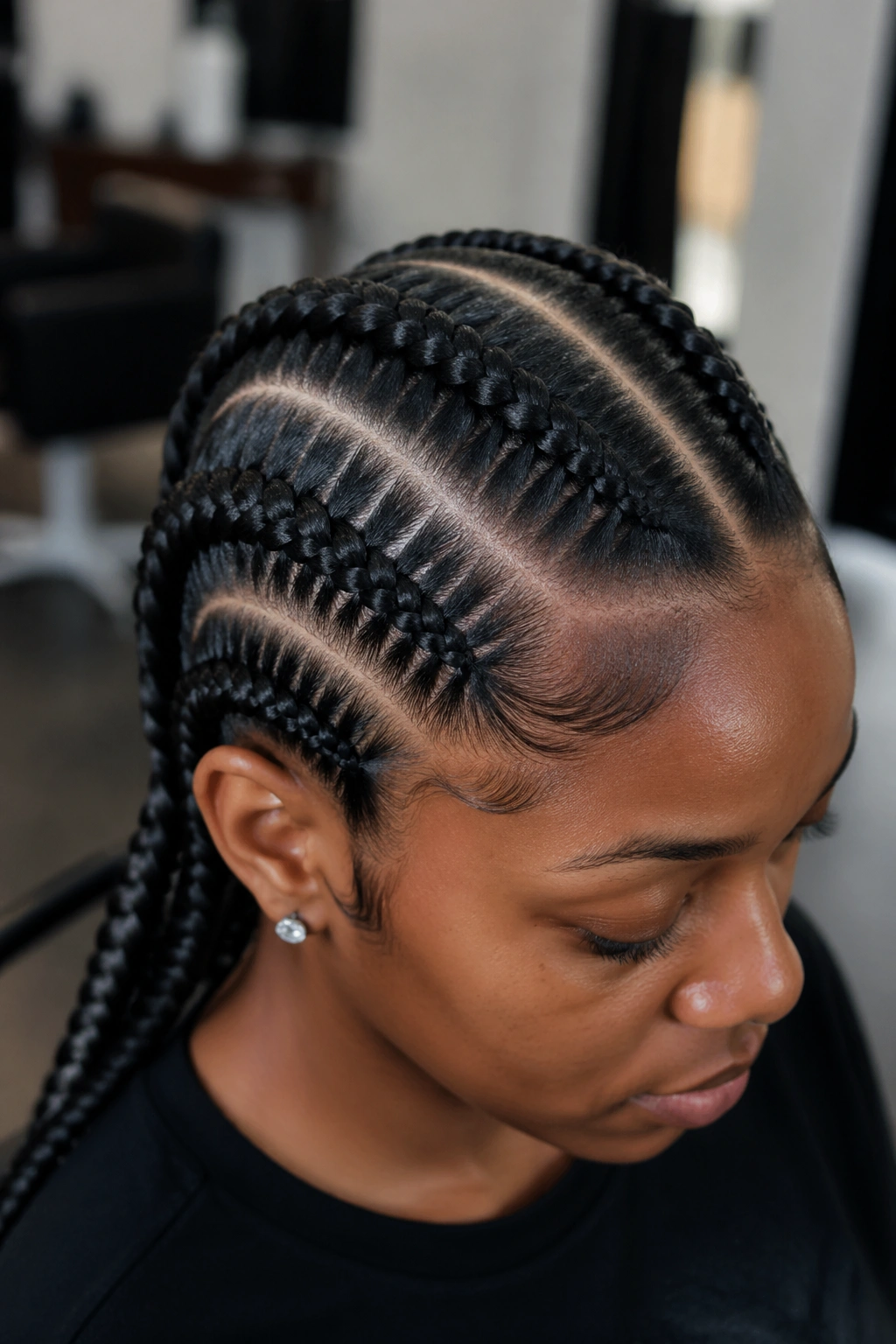 Close-up of a real person with inch-wide cornrows across the scalp