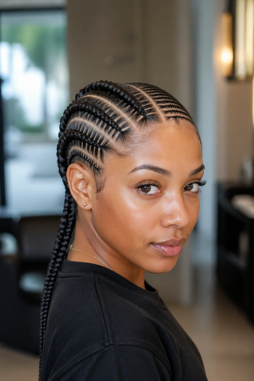 Close-up of a real person showing both big and small cornrows from hairline to nape under natural window light