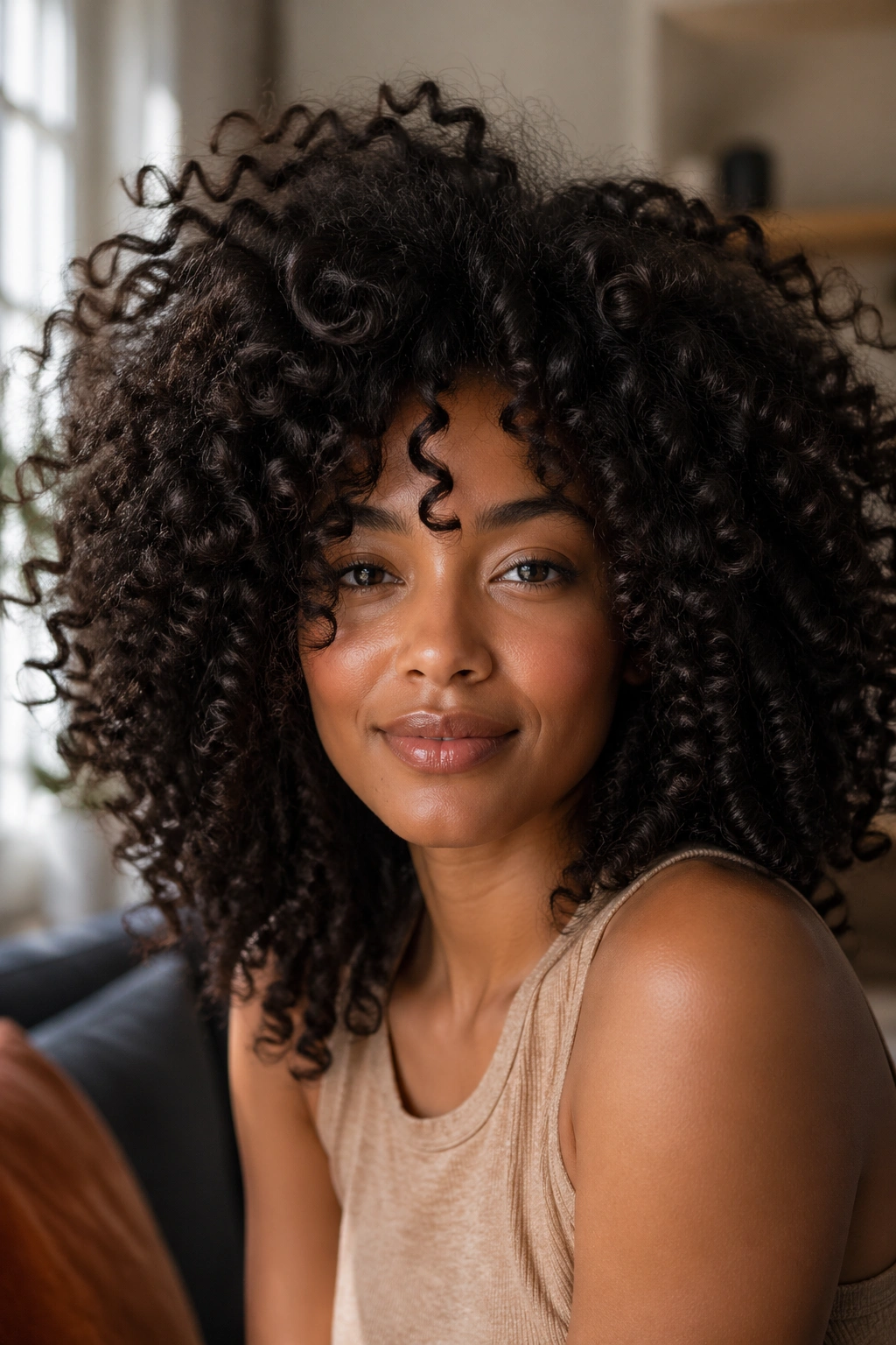 Close-up portrait of a real person with big voluminous curls in natural light
