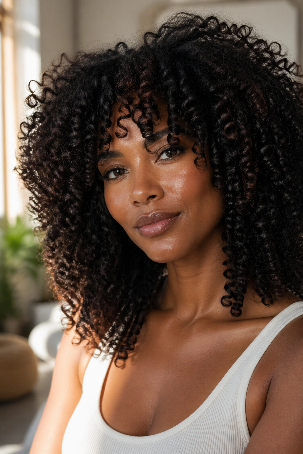 Close-up portrait of a Black woman with big natural curls in warm light