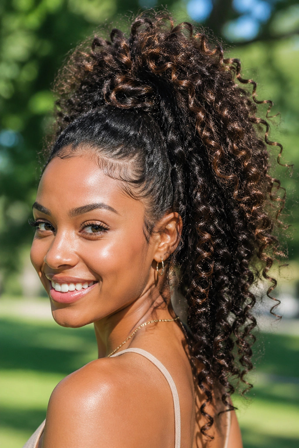 Portrait of a real person with a big curly ponytail high on the head.