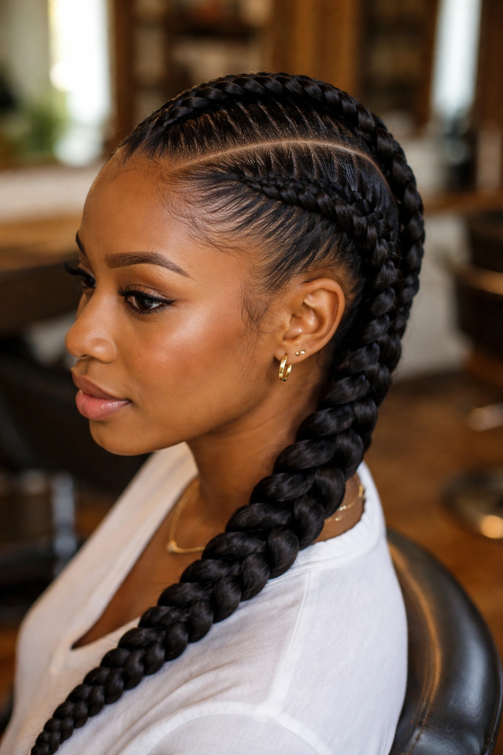 Close-up of a real woman with a thick big feed-in cornrow starting at the hairline