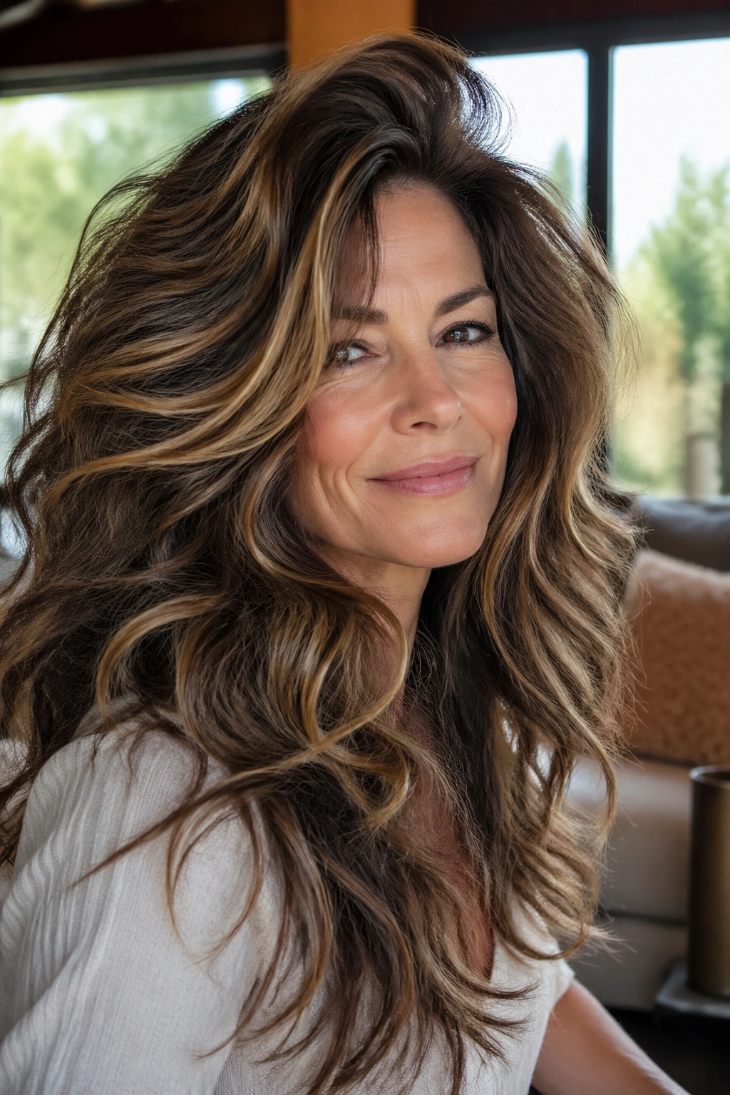 Close-up portrait of a real woman with big-volume layers on dense wavy hair