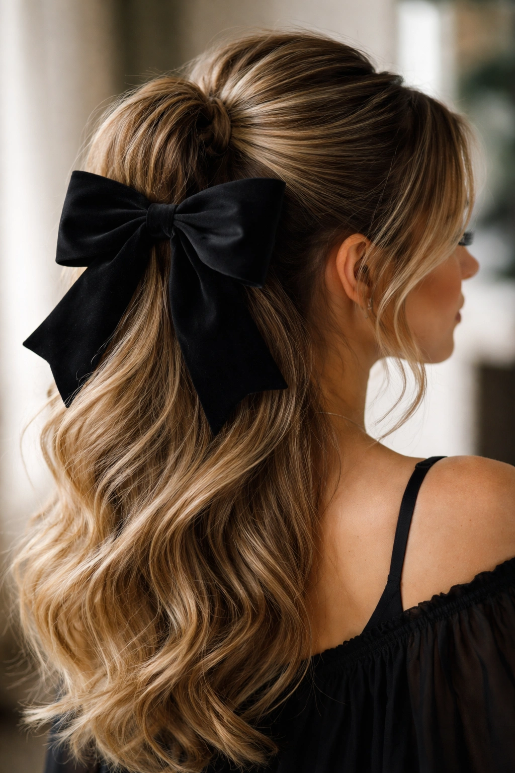 Close-up of big-volume half-up ponytail with oversized bow, dramatic crown lift.