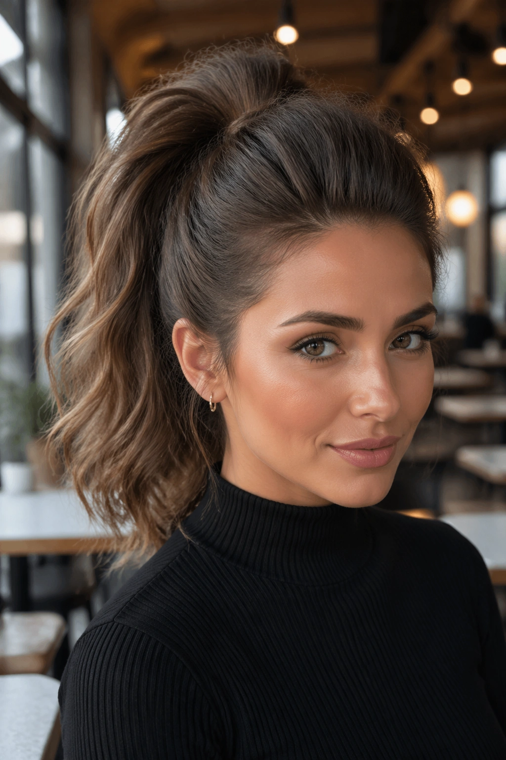 Close-up of a real woman with a big-volume high ponytail featuring crown lift and a rounded tail
