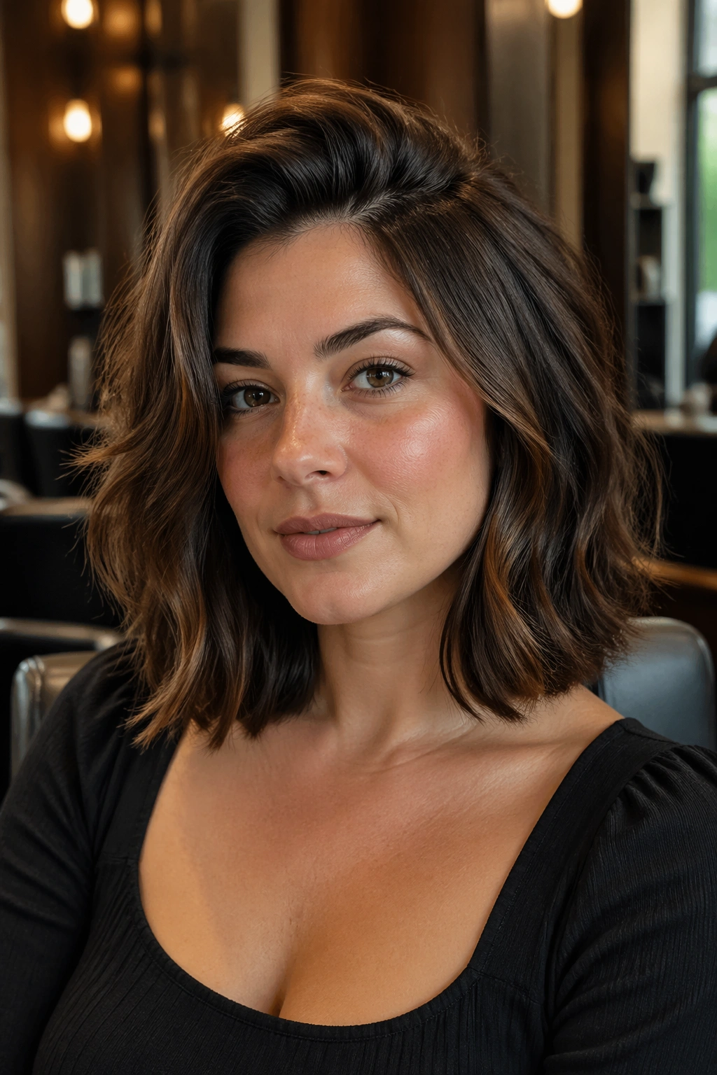 Close-up of a real woman with a big-volume wavy lob