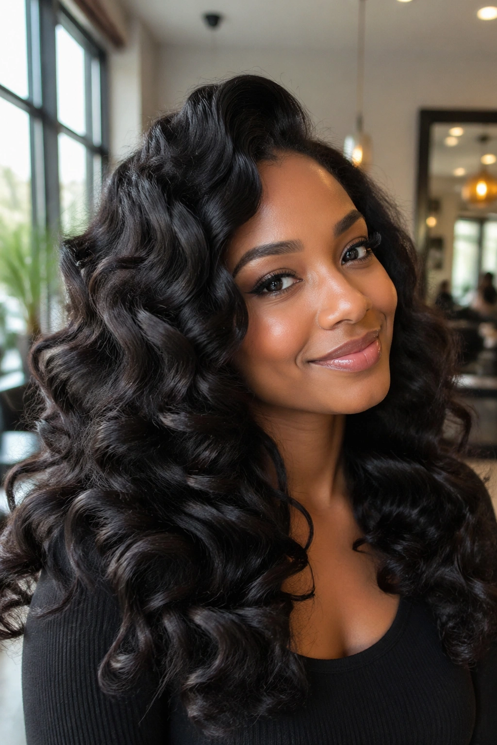 Close-up of big wand curls for volume on a real person in a sunlit salon