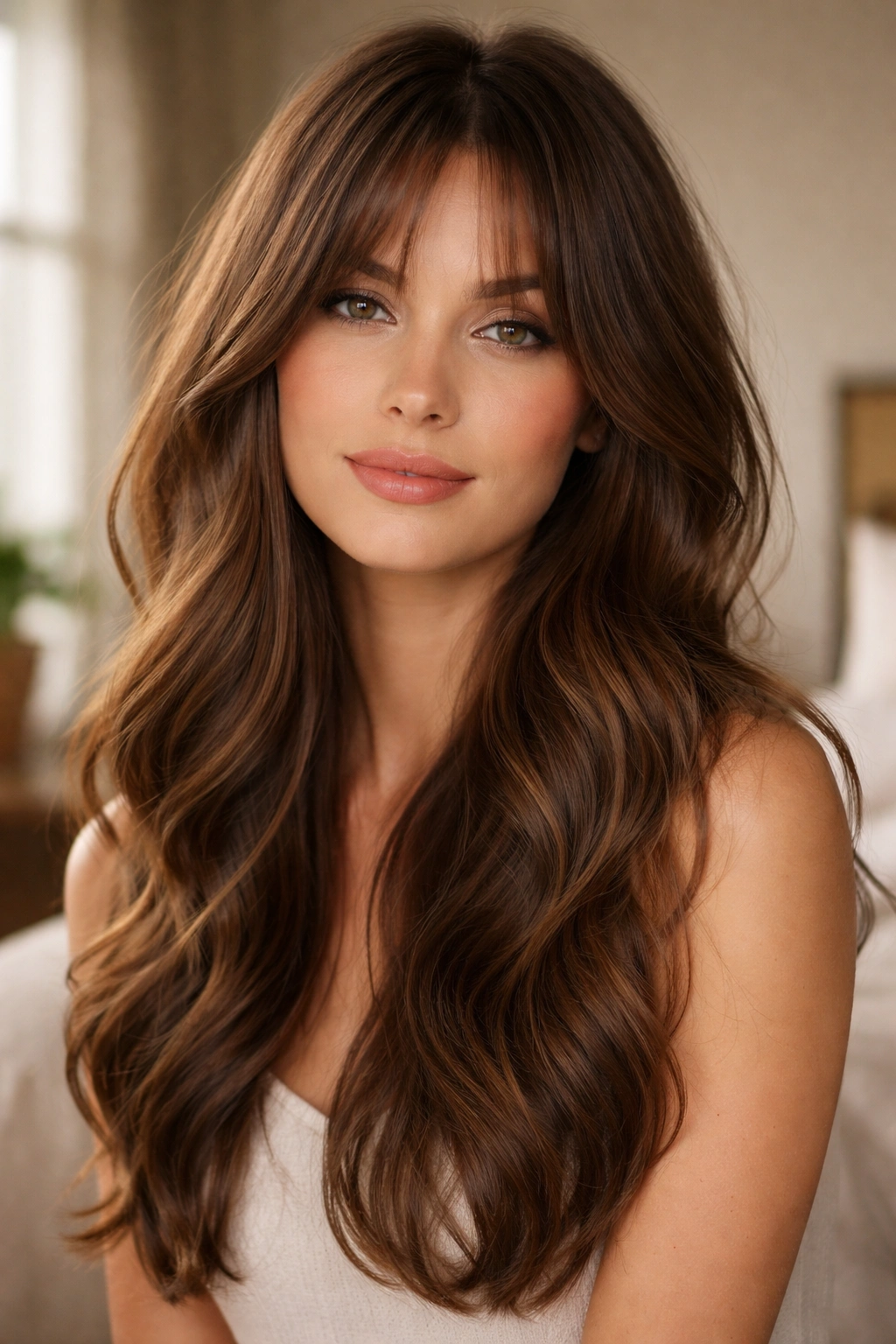 Close-up portrait of a real woman with biscotti brunette hair and long separated bangs in natural window light.