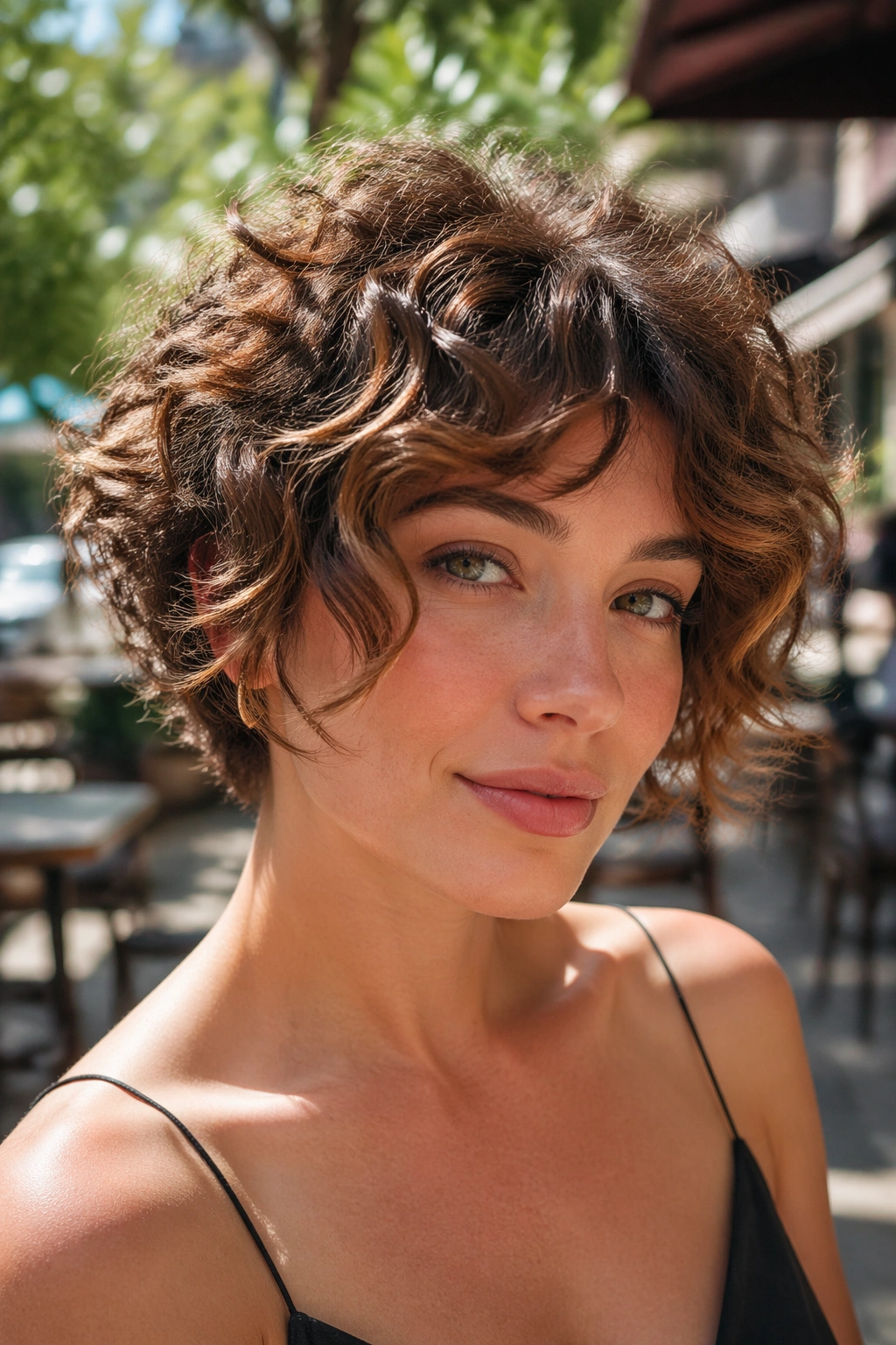 Close-up of real person with bixie cut showing cheekbone-length front and shorter back in outdoor light