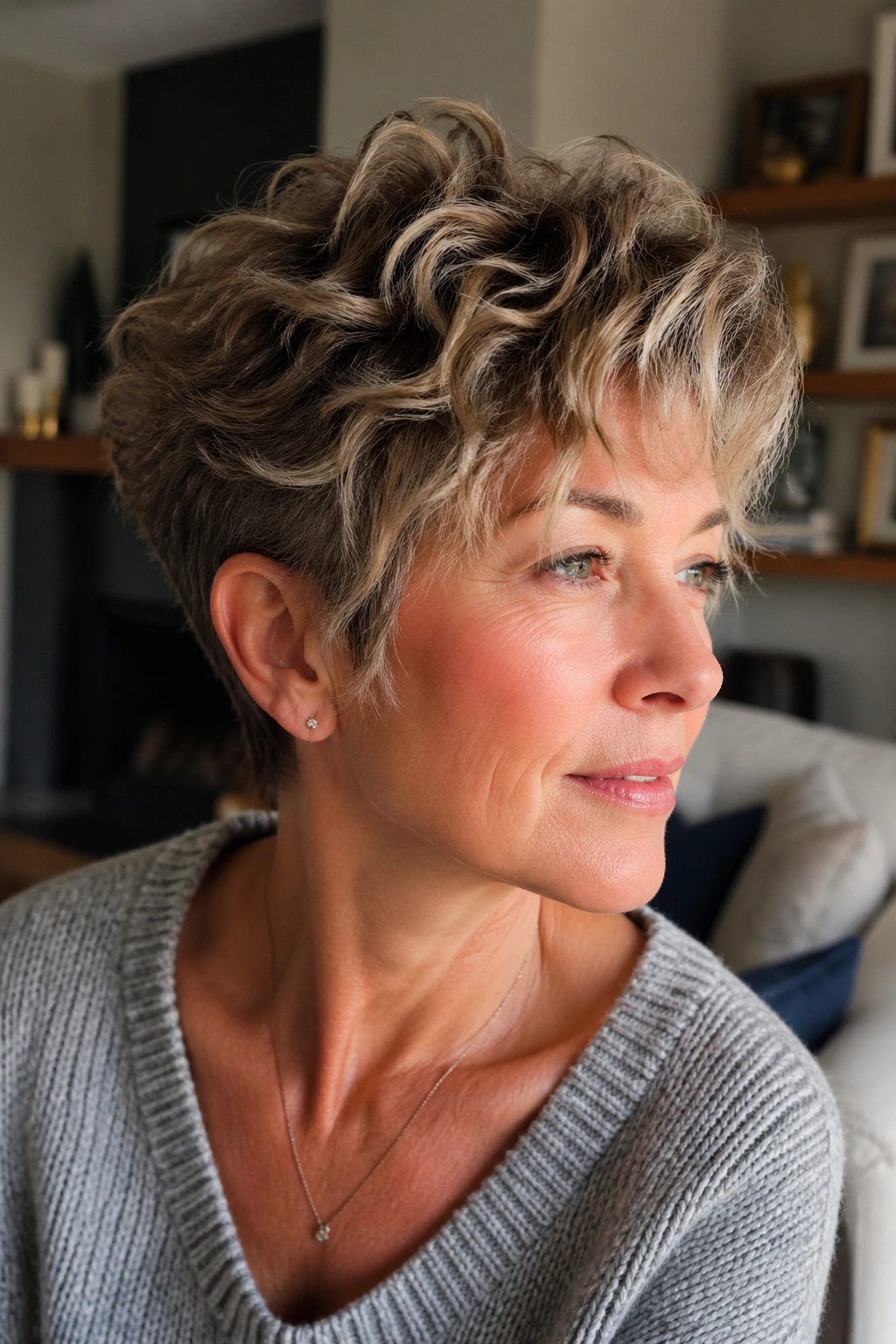 Real woman portrait with wavy bixie haircut and soft crown lift