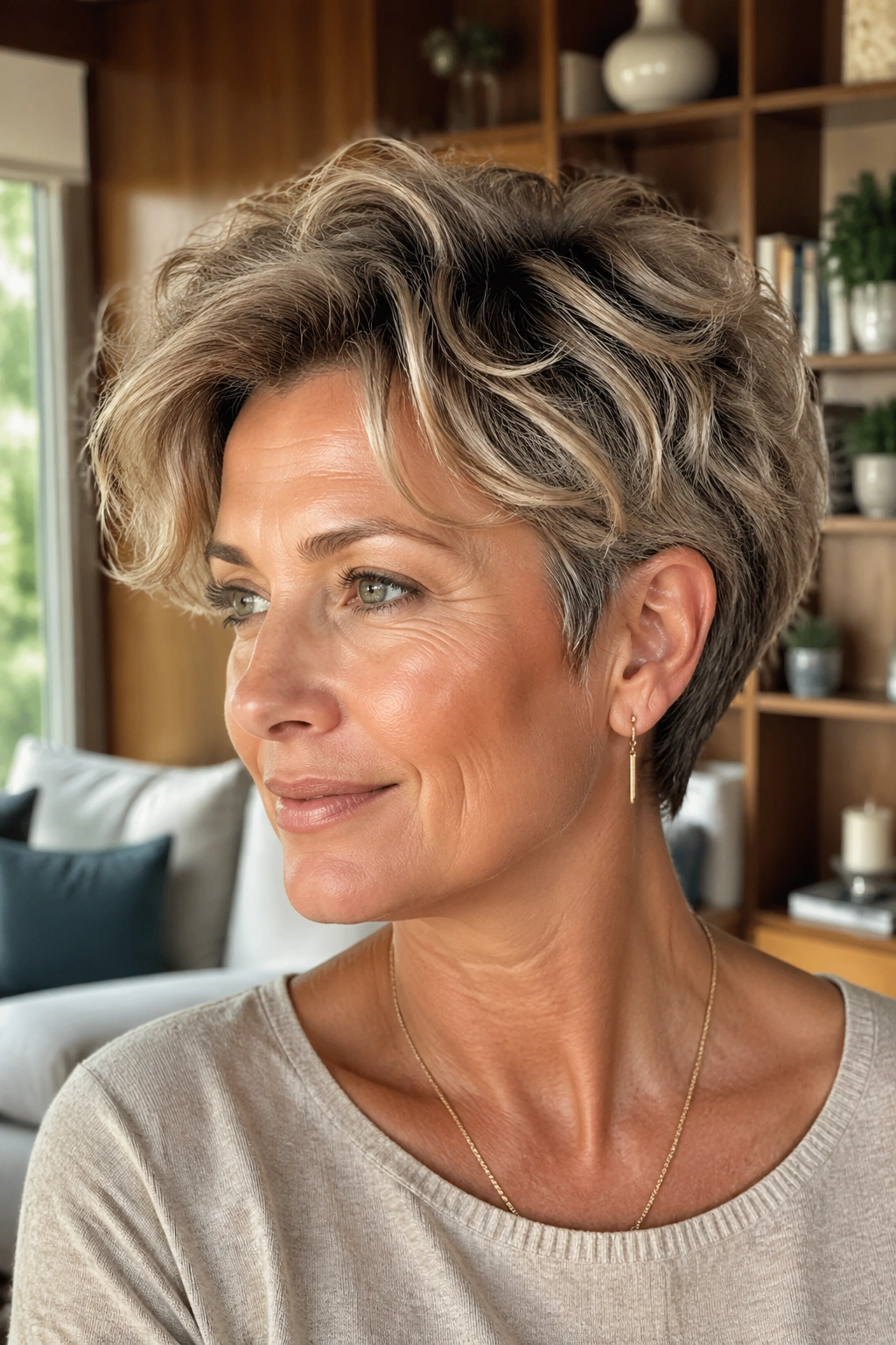 Close-up portrait of a real woman wearing a bixie with longer top layers