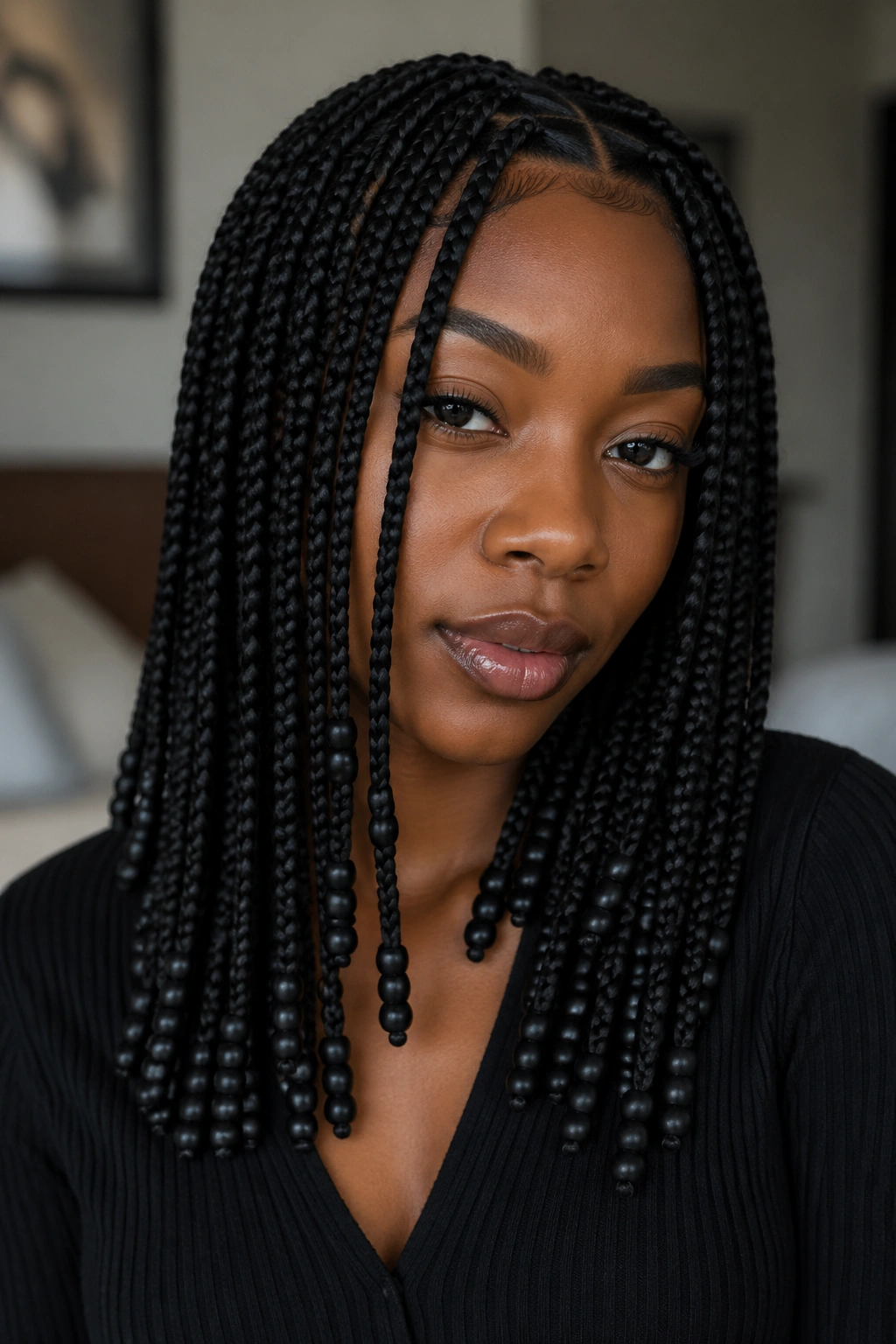 Close-up of a real person wearing black-on-black beads on box braids.
