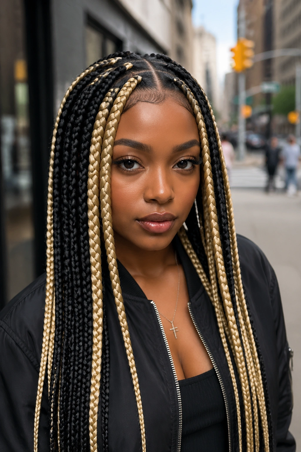 Close-up of a Black woman with black-and-blonde two-tone braids