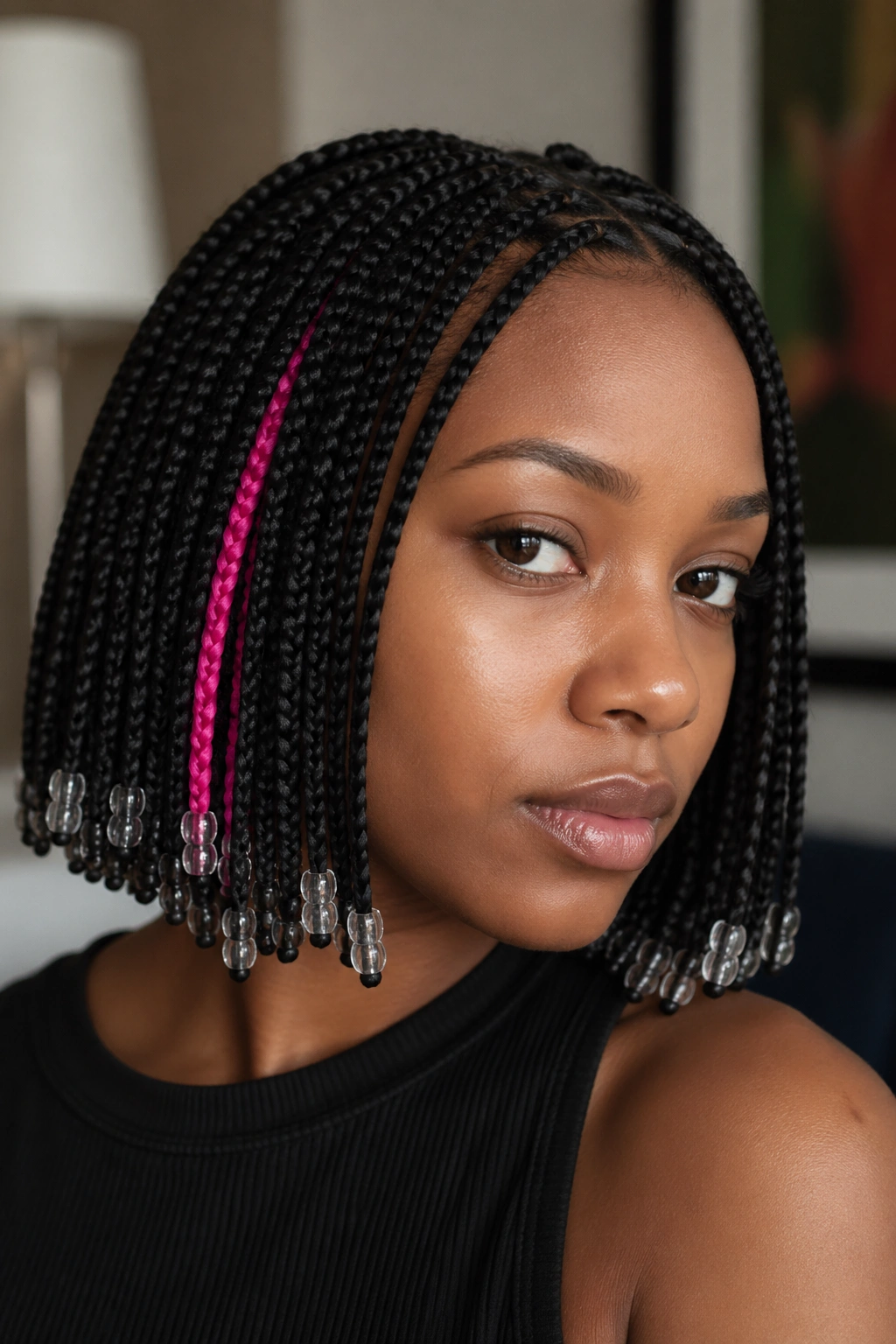 Real woman with black short box braids and hidden bright accent