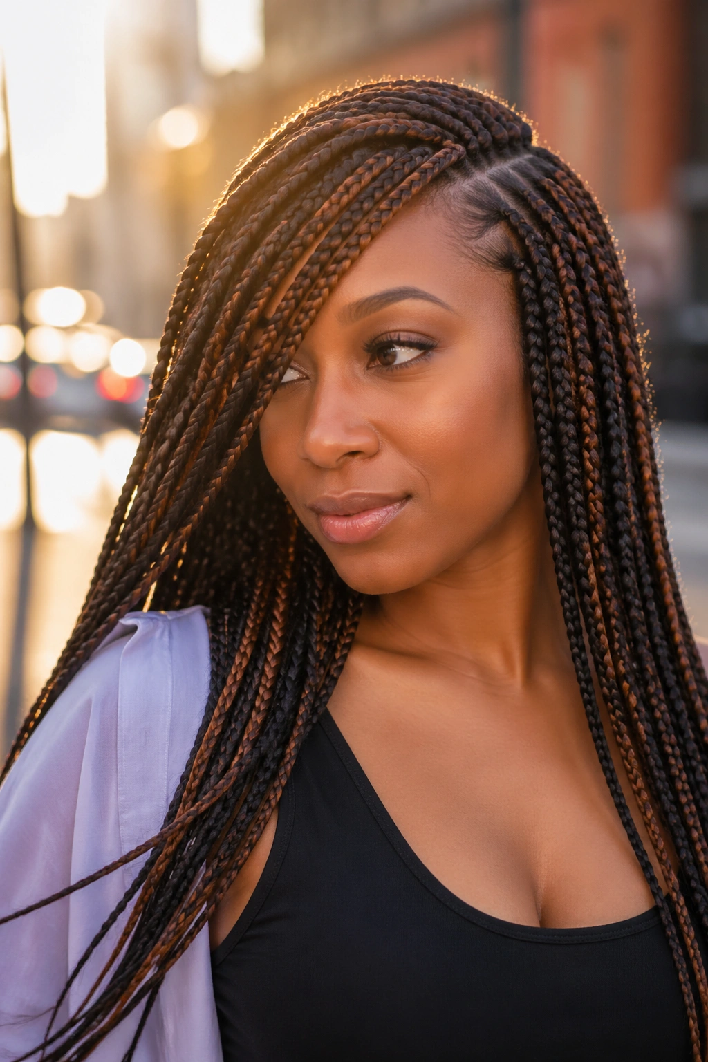 Medium close-up of a real person with black and brown lemonade box braids and side-sweep.