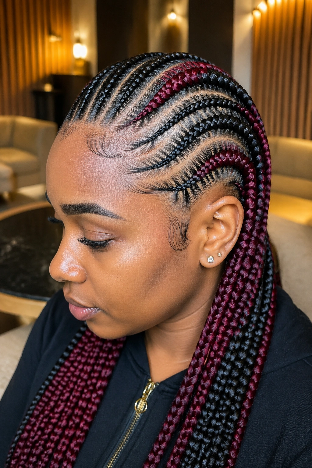 Close-up of black cornrows with burgundy extensions on a real person