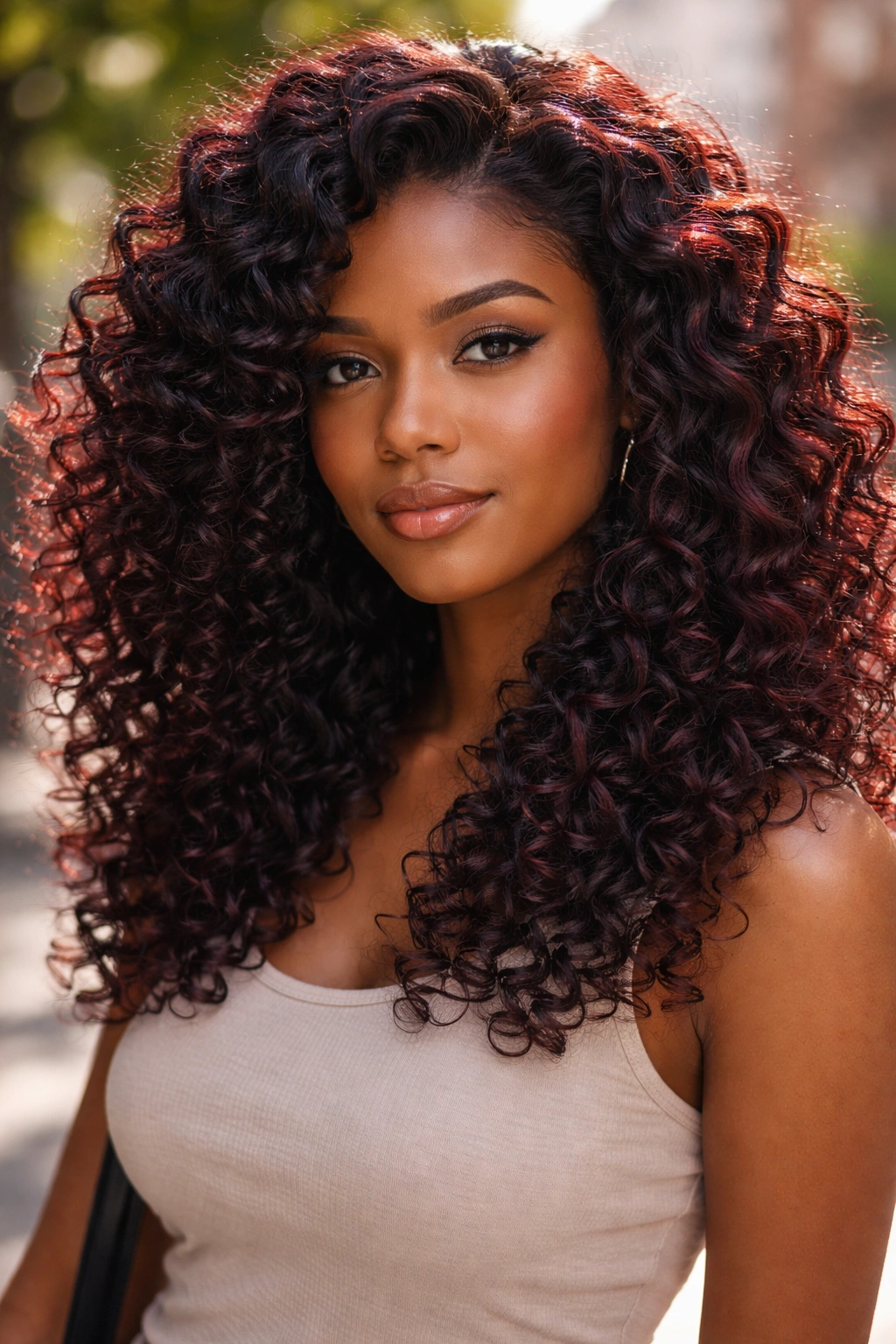 Close-up of black cherry curls showing red-purple tones in sunlight